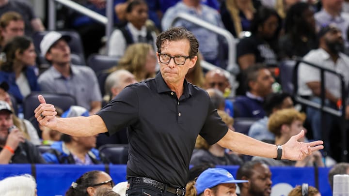 Apr 8, 2025; Orlando, Florida, USA; Atlanta Hawks head coach Quin Snyder motions to the bench during the second half against the Orlando Magic at Kia Center. Mandatory Credit: Mike Watters-Imagn Images