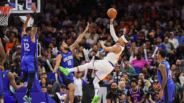 Dec 27, 2024; Orlando, Florida, USA; New York Knicks guard Josh Hart (3) is fouled by Orlando Magic guard Cory Joseph (10) during the second half at Kia Center. Mandatory Credit: Mike Watters-Imagn Images Dec 27, 2024; Orlando, Florida, USA; New York Knicks guard Josh Hart (3) is fouled by Orlando Magic guard Cory Joseph (10) during the second half at Kia Center. Mandatory Credit: Mike Watters-Imagn Images