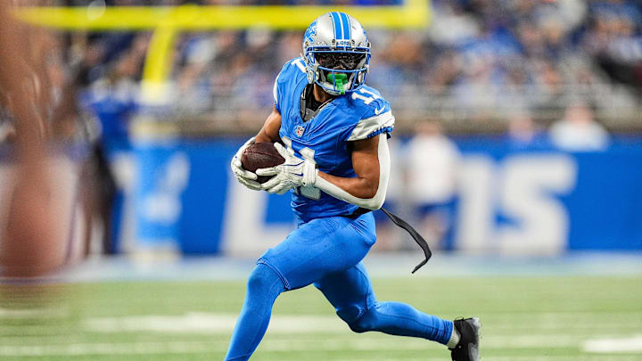 Detroit Lions wide receiver Kalif Raymond (11) makes a catch and runs for a first down against Jacksonville Jaguars Detroit Lions wide receiver Kalif Raymond (11) makes a catch and runs for a first down against Jacksonville Jaguars