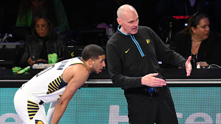 Dec 9, 2023; Las Vegas, Nevada, USA; Indiana Pacers head coach Rick Carlisle talks to guard Tyrese Haliburton (0) during the first quarter of the NBA In-Season Tournament Championship game against the Los Angeles Lakers at T-Mobile Arena. Mandatory Credit: Candice Ward-Imagn Images