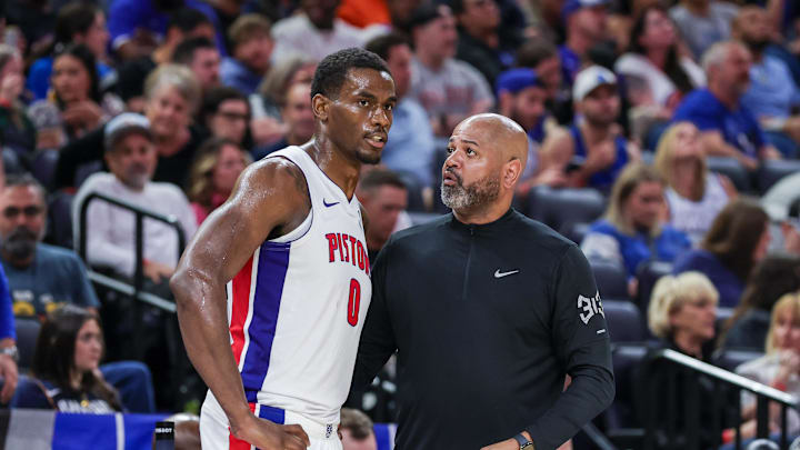 Mar 1, 2026; Orlando, Florida, USA; Detroit Pistons head coach J.B. Bickerstaff talks with center Jalen Duren (0) during the second half at Kia Center. Mandatory Credit: Mike Watters-Imagn Images Mar 1, 2026; Orlando, Florida, USA; Detroit Pistons head coach J.B. Bickerstaff talks with center Jalen Duren (0) during the second half at Kia Center. Mandatory Credit: Mike Watters-Imagn Images