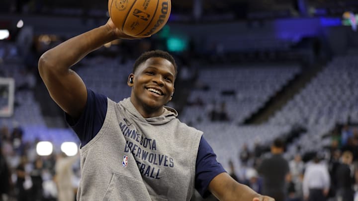 Minnesota Timberwolves guard Anthony Edwards (5) warms up before Game 5 of the Western Conference finals against the Dallas Mavericks at Target Center in Minneapolis on May 30, 2024. Minnesota Timberwolves guard Anthony Edwards (5) warms up before Game 5 of the Western Conference finals against the Dallas Mavericks at Target Center in Minneapolis on May 30, 2024.