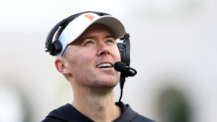Nov 18, 2023; Los Angeles, California, USA; USC Trojans head coach Lincoln Riley during the second quarter against the UCLA Bruins at United Airlines Field at Los Angeles Memorial Coliseum. Mandatory Credit: Jason Parkhurst-Imagn Images