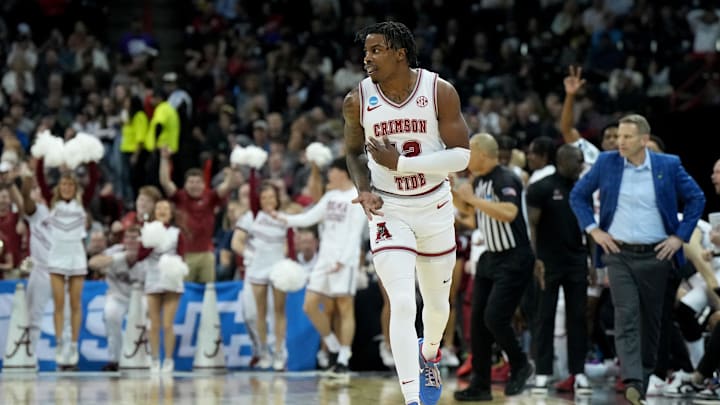 Mar 22, 2024; Spokane, WA, USA; Alabama Crimson Tide guard Latrell Wrightsell Jr. (12) reacts after a play during the second half in the first round of the 2024 NCAA Tournament against the Charleston Cougars at Spokane Veterans Memorial Arena. Mar 22, 2024; Spokane, WA, USA; Alabama Crimson Tide guard Latrell Wrightsell Jr. (12) reacts after a play during the second half in the first round of the 2024 NCAA Tournament against the Charleston Cougars at Spokane Veterans Memorial Arena.