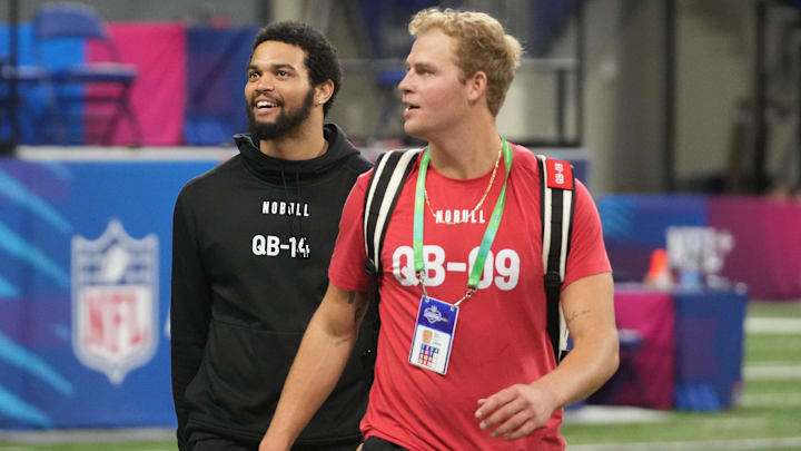 Bears QB Caleb Williams and Tulane-Tampa Bay QB Mike Pratt on the field last year at the combine.