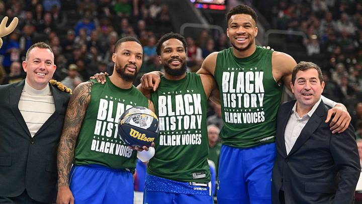 Feb 12, 2024; Milwaukee, Wisconsin, USA; NBA All-Star participants Milwaukee Bucks guard Damian Lillard (0), guard Malik Beasley (5), and forward Giannis Antetokounmpo (34) pose for a picture with general manager Jon Horst (far left) and team president Peter Feigin (far right) before a game against the Denver Nuggets at Fiserv Forum. Mandatory Credit: Benny Sieu-Imagn Images Feb 12, 2024; Milwaukee, Wisconsin, USA; NBA All-Star participants Milwaukee Bucks guard Damian Lillard (0), guard Malik Beasley (5), and forward Giannis Antetokounmpo (34) pose for a picture with general manager Jon Horst (far left) and team president Peter Feigin (far right) before a game against the Denver Nuggets at Fiserv Forum. Mandatory Credit: Benny Sieu-Imagn Images