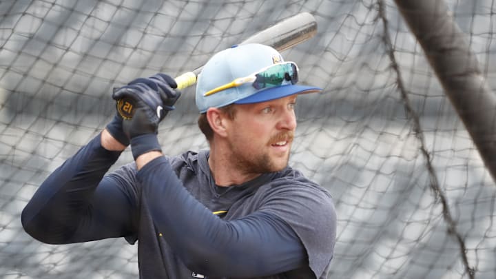 Milwaukee Brewers first baseman Rhys Hoskins (12) in the batting cage before a game against the Pittsburgh Pirates at PNC Park on Sept 25. Milwaukee Brewers first baseman Rhys Hoskins (12) in the batting cage before a game against the Pittsburgh Pirates at PNC Park on Sept 25.