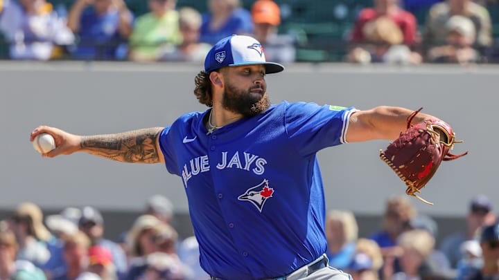 Toronto Blue Jays starting pitcher Alek Manoah (6) pitches during the first inning against the Detroit Tigers at Publix Field at Joker Marchant Stadium in 2024.