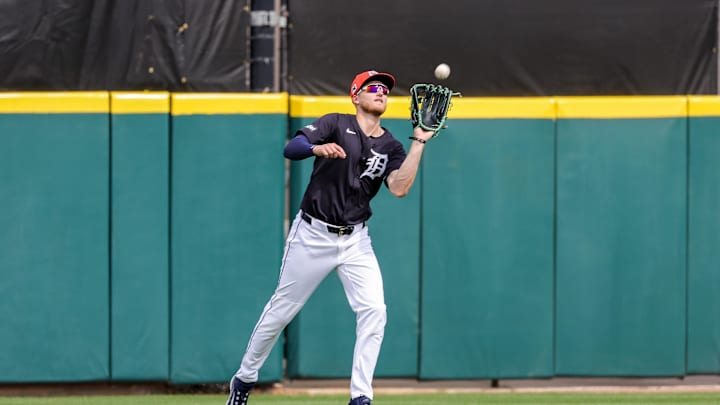 Detroit Tigers outfielder Parker Meadows (22) catches a fly ball during the second inning against the Philadelphia Phillies at Publix Field at Joker Marchant Stadium on Feb 22.