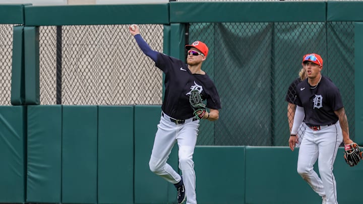 Detroit Tigers outfielder Parker Meadows (22) throws to the infield during the third inning against the Philadelphia Phillies at Publix Field at Joker Marchant Stadium on Feb. 22.