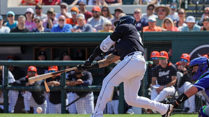 Detroit Tigers shortstop Javier Baez (28) breaks a bat during the second inning against the Toronto Blue Jays at Publix Field at Joker Marchant Stadium on March 3. Detroit Tigers shortstop Javier Baez (28) breaks a bat during the second inning against the Toronto Blue Jays at Publix Field at Joker Marchant Stadium on March 3.