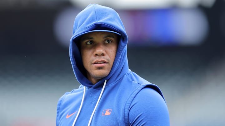 Apr 22, 2026; New York City, New York, USA; New York Mets designated hitter Juan Soto (22) during warmups before a game against the Minnesota Twins at Citi Field. Mandatory Credit: Brad Penner-Imagn Images