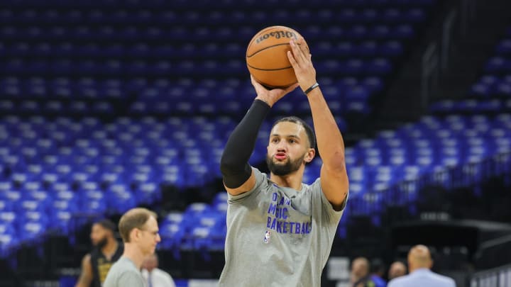 Apr 25, 2024; Orlando, Florida, USA; Orlando Magic guard Jalen Suggs (4) warms up before game three of the first round for the 2024 NBA playoffs at Kia Center. Mandatory Credit: Mike Watters-USA TODAY Sports