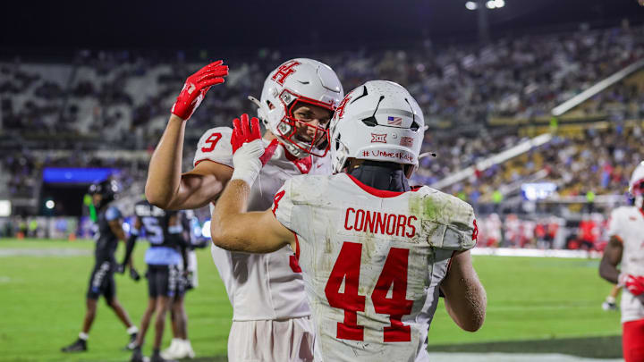 Nov 7, 2025; Orlando, Florida, USA; Houston Cougars running back Dean Connors (44) celebrates after scoring during the second half against the UCF Knights at Acrisure Bounce House. Mandatory Credit: Mike Watters-Imagn Images