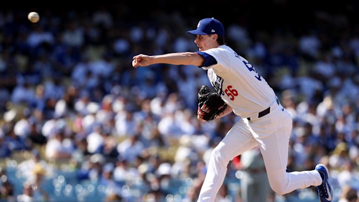 Mar 28, 2024; Los Angeles, California, USA; Los Angeles Dodgers pitcher Ryan Yarbrough (56) throws during the ninth inning of an opening day game against the St. Louis Cardinals at Dodger Stadium. Mandatory Credit: Jason Parkhurst-Imagn Images