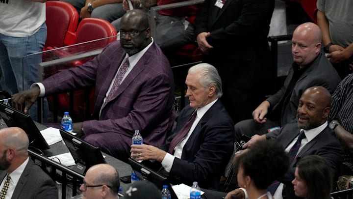 May 21, 2023; Miami, Florida, USA; Shaquille O'Neal, Pat Riley and Alonzo Mourning during the second half of game three of the Eastern Conference Finals between the Boston Celtics and Miami Heat for the 2023 NBA playoffs at Kaseya Center. Mandatory Credit: Jim Rassol-Imagn Images May 21, 2023; Miami, Florida, USA; Shaquille O'Neal, Pat Riley and Alonzo Mourning during the second half of game three of the Eastern Conference Finals between the Boston Celtics and Miami Heat for the 2023 NBA playoffs at Kaseya Center. Mandatory Credit: Jim Rassol-Imagn Images