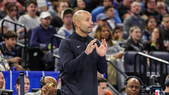 Nov 14, 2025; Orlando, Florida, USA; Brooklyn Nets head coach Jordi Fernandez motions to the court during the second quarter against the Orlando Magic at Kia Center. Mandatory Credit: Mike Watters-Imagn Images