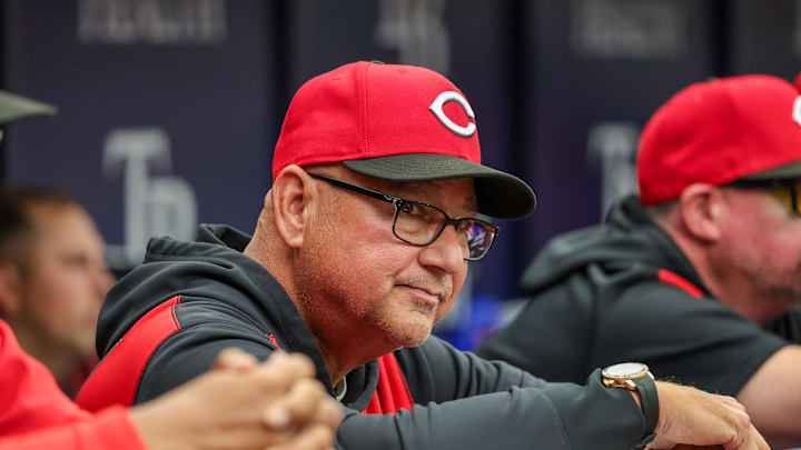 Apr 22, 2026; St. Petersburg, Florida, USA; Cincinnati Reds manager Terry Francona (77) during the eighth inning against the Tampa Bay Rays at Tropicana Field. Mandatory Credit: Mike Watters-Imagn Images