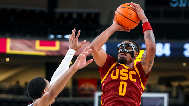 USC Trojans forward Saint Thomas (0) looks to shoot during the second half of their exhibition game at Acrisure Arena in Palm Desert, Calif., Saturday, Oct. 26, 2024. USC Trojans forward Saint Thomas (0) looks to shoot during the second half of their exhibition game at Acrisure Arena in Palm Desert, Calif., Saturday, Oct. 26, 2024.