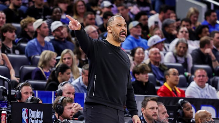 Feb 26, 2026; Orlando, Florida, USA; Houston Rockets head coach Ime Udoka during the first quarter against the Orlando Magic at Kia Center. Mandatory Credit: Mike Watters-Imagn Images