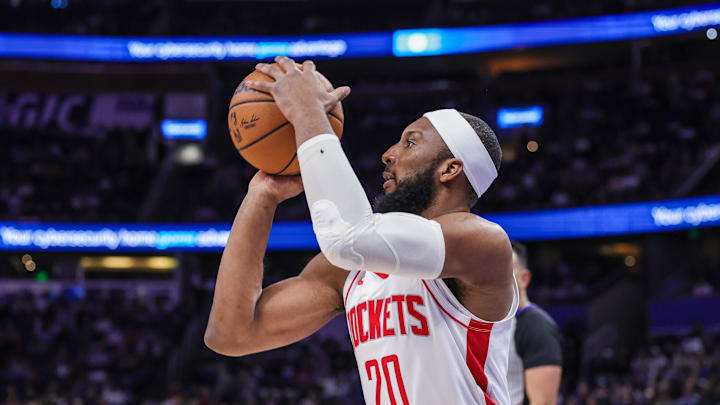 Feb 26, 2026; Orlando, Florida, USA; Houston Rockets guard Josh Okogie (20) shoots during the second half against the Orlando Magic at Kia Center. Mandatory Credit: Mike Watters-Imagn Images