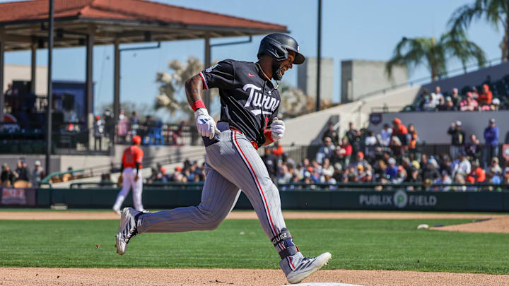 Feb 23, 2026; Lakeland, Florida, USA; Minnesota Twins center fielder Emmanuel Rodriguez (33) rounds third after hitting a home run against the Detroit Tigers at Publix Field at Joker Marchant Stadium. Mandatory Credit: Mike Watters-Imagn Images