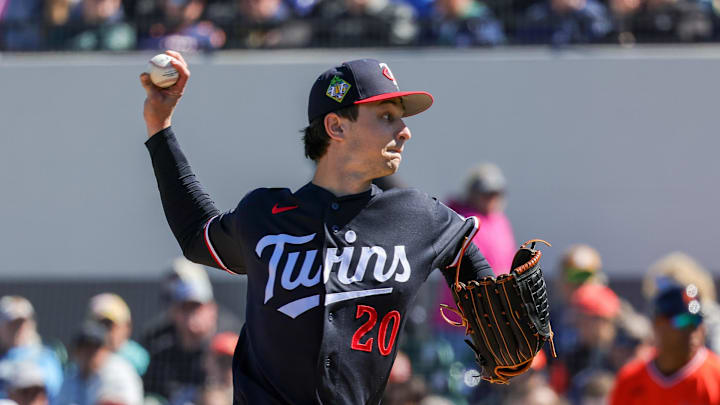 Feb 23, 2026; Lakeland, Florida, USA; Minnesota Twins pitcher Mick Abel (20) pitches during the third inning against the Detroit Tigers at Publix Field at Joker Marchant Stadium. Mandatory Credit: Mike Watters-Imagn Images