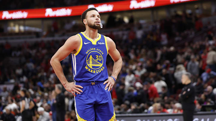Jan 12, 2024; Chicago, Illinois, USA; Golden State Warriors guard Stephen Curry (30) reacts after a play during the second half against the Chicago Bulls at United Center. 
