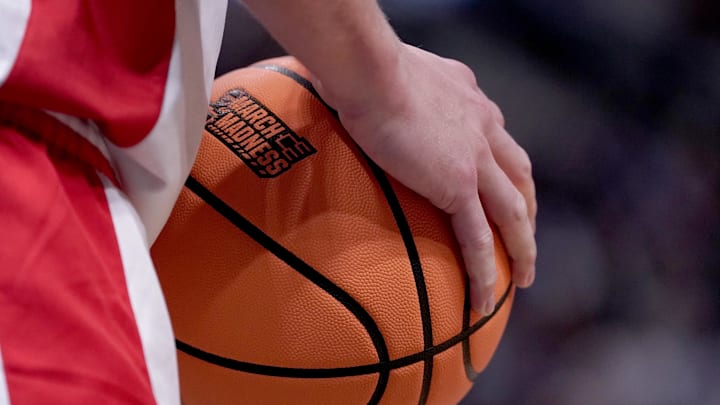 Mar 23, 2024; Salt Lake City, UT, USA; A ball with a March Madness logo during the first half in the second round of the 2024 NCAA Tournament between the Dayton Flyers and Arizona Wildcats at Vivint Smart Home Arena-Delta Center. Mandatory Credit: Gabriel Mayberry-Imagn Images Mar 23, 2024; Salt Lake City, UT, USA; A ball with a March Madness logo during the first half in the second round of the 2024 NCAA Tournament between the Dayton Flyers and Arizona Wildcats at Vivint Smart Home Arena-Delta Center. Mandatory Credit: Gabriel Mayberry-Imagn Images