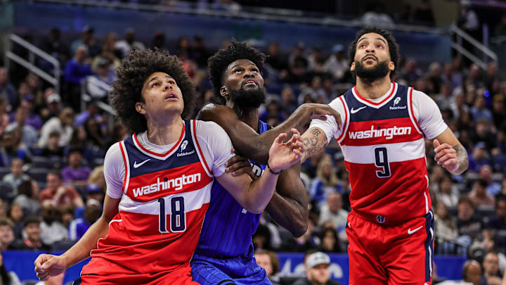 Feb 23, 2025; Orlando, Florida, USA; Washington Wizards forward Kyshawn George (18), forward Justin Champagnie (9) and Orlando Magic forward Jonathan Isaac (1) look for the rebound during the second half at Kia Center. Mandatory Credit: Mike Watters-Imagn Images Feb 23, 2025; Orlando, Florida, USA; Washington Wizards forward Kyshawn George (18), forward Justin Champagnie (9) and Orlando Magic forward Jonathan Isaac (1) look for the rebound during the second half at Kia Center. Mandatory Credit: Mike Watters-Imagn Images