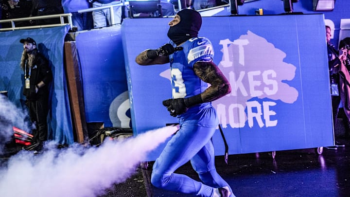 Detroit Lions cornerback Carlton Davis III (23) walks out the tunnel during the start of the Thursday Night Football against Green Bay Packers at Ford Field in Detroit on Thursday, Dec. 5, 2024.