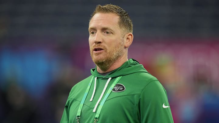 Mar 2, 2024; Indianapolis, IN, USA; New York Jets passing game coordinator Todd Downing during the 2024 NFL Combine at Lucas Oil Stadium. Mandatory Credit: Kirby Lee-Imagn Images