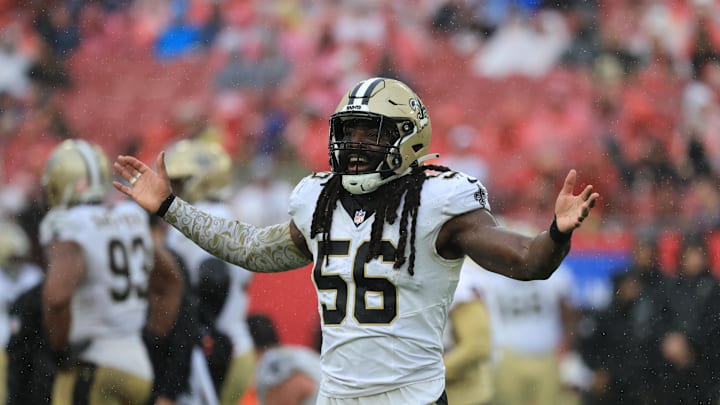 Dec 7, 2025; Tampa, Florida, USA; New Orleans Saints linebacker Demario Davis (56) reacts after a tackle during the second quarter against the Tampa Bay Buccaneers at Raymond James Stadium. Mandatory Credit: Kim Klement Neitzel-Imagn Images