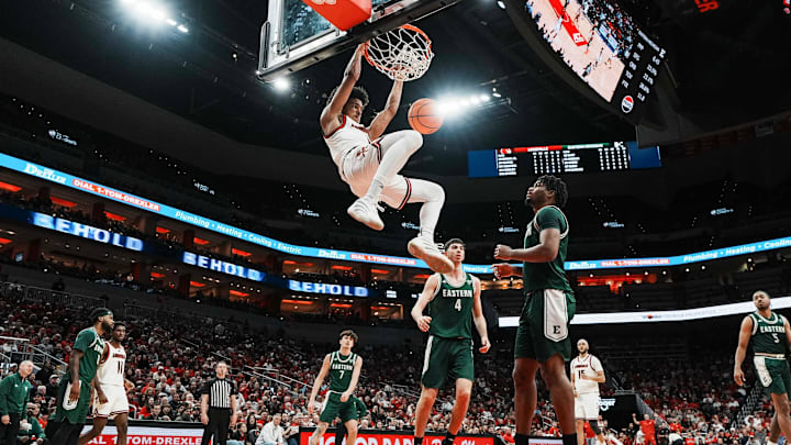 Louisville Cardinals guard Mikel Brown Jr. (0) slams down two of his 11 points against Eastern Michigan as the Cards roll 87-46 to improve to 6-0 Monday night, Nov. 24, 2025 at the KFC Yum! Center in Louisville, Kentucky. Louisville Cardinals guard Mikel Brown Jr. (0) slams down two of his 11 points against Eastern Michigan as the Cards roll 87-46 to improve to 6-0 Monday night, Nov. 24, 2025 at the KFC Yum! Center in Louisville, Kentucky.