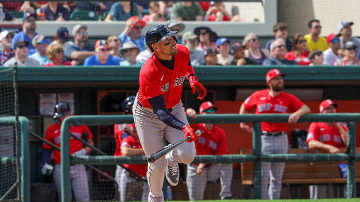 Boston Red Sox center fielder Trayce Thompson (37) watches a fly ball during the fifth inning against the Detroit Tigers at Publix Field at Joker Marchant Stadium on Feb. 27.