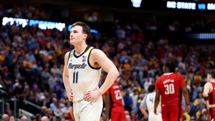 Mar 29, 2024; Dallas, TX, USA; Marquette Golden Eagles guard Tyler Kolek (11) reacts during the second half in the semifinals of the South Regional of the 2024 NCAA Tournament against the North Carolina State Wolfpack at American Airlines Center. Mandatory Credit: Kevin Jairaj-USA TODAY Sports Mar 29, 2024; Dallas, TX, USA; Marquette Golden Eagles guard Tyler Kolek (11) reacts during the second half in the semifinals of the South Regional of the 2024 NCAA Tournament against the North Carolina State Wolfpack at American Airlines Center. Mandatory Credit: Kevin Jairaj-USA TODAY Sports