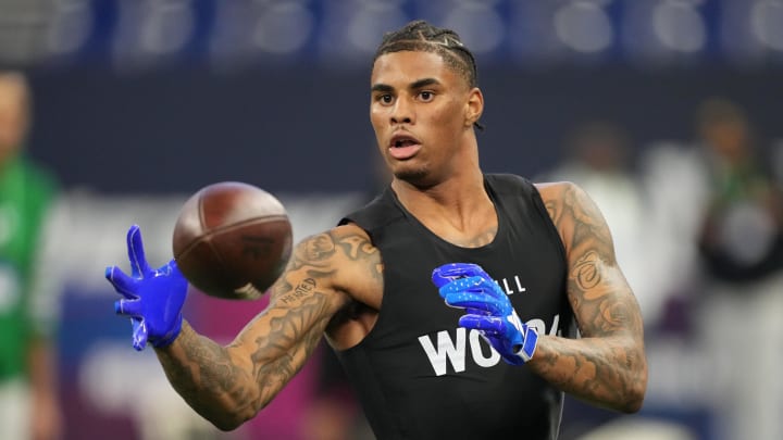 Mar 2, 2024; Indianapolis, IN, USA; Florida State wide receiver Keon Coleman (WO04) during the 2024 NFL Combine at Lucas Oil Stadium. Mandatory Credit: Kirby Lee-USA TODAY Sports Mar 2, 2024; Indianapolis, IN, USA; Florida State wide receiver Keon Coleman (WO04) during the 2024 NFL Combine at Lucas Oil Stadium. Mandatory Credit: Kirby Lee-USA TODAY Sports