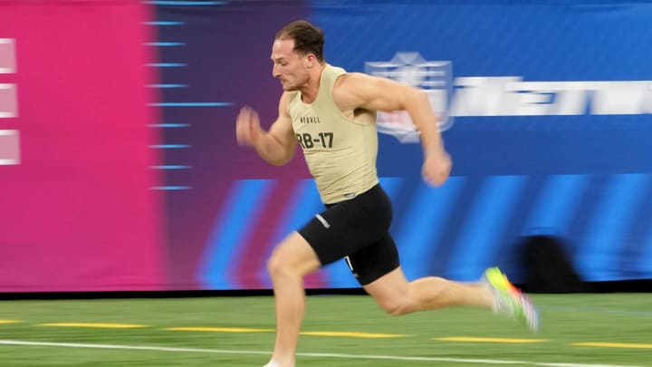 Mar 2, 2024; Indianapolis, IN, USA; New Hampshire running back Dylan Laube (RB17) during the 2024 NFL Combine at Lucas Oil Stadium. Mandatory Credit: Kirby Lee-USA TODAY Sports Mar 2, 2024; Indianapolis, IN, USA; New Hampshire running back Dylan Laube (RB17) during the 2024 NFL Combine at Lucas Oil Stadium. Mandatory Credit: Kirby Lee-USA TODAY Sports