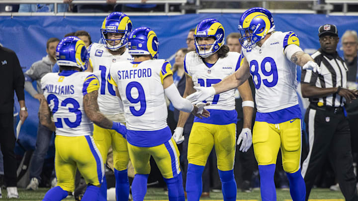 Jan 14, 2024; Detroit, Michigan, USA; Los Angeles Rams wide receiver Puka Nacua (17) celebrates with