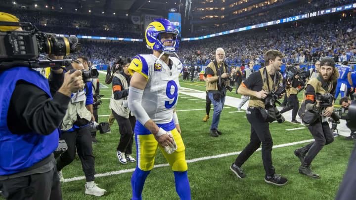 Jan 14, 2024; Detroit, Michigan, USA; Los Angeles Rams quarterback Matthew Stafford (9) walks off Jan 14, 2024; Detroit, Michigan, USA; Los Angeles Rams quarterback Matthew Stafford (9) walks off