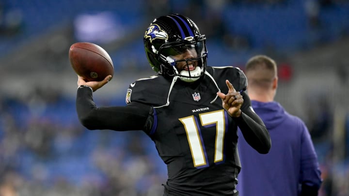 Nov 16, 2023; Baltimore, Maryland, USA; Baltimore Ravens quarterback Josh Johnson (17) warms up before a game against the Cincinnati Bengals at M&T Bank Stadium. Mandatory Credit: Tommy Gilligan-USA TODAY Sports