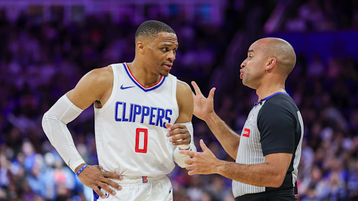 Mar 29, 2024; Orlando, Florida, USA; LA Clippers guard Russell Westbrook (0) talks to referee Matt Mar 29, 2024; Orlando, Florida, USA; LA Clippers guard Russell Westbrook (0) talks to referee Matt