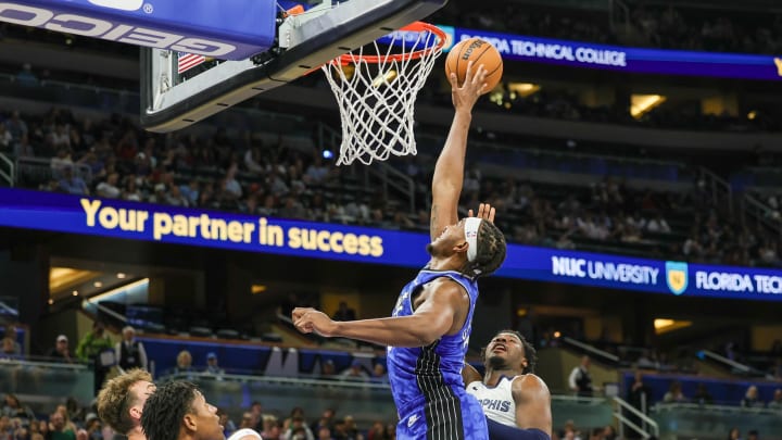 Mar 30, 2024; Orlando, Florida, USA; Orlando Magic center Wendell Carter Jr. (34) blocks a shot