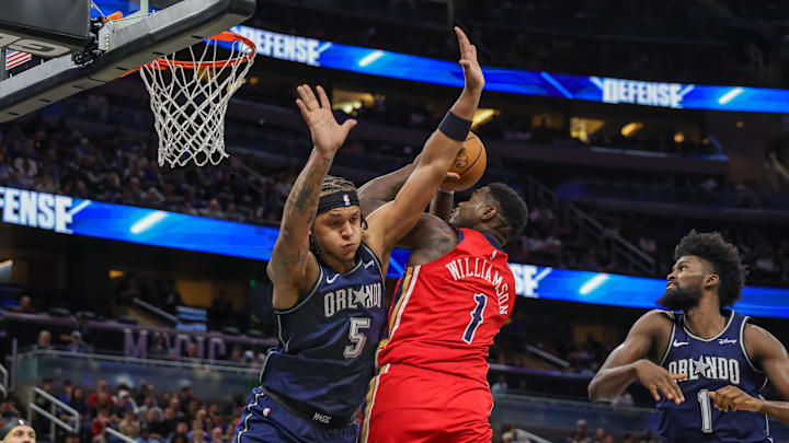 Mar 21, 2024; Orlando, Florida, USA; New Orleans Pelicans forward Zion Williamson (1) goes to the