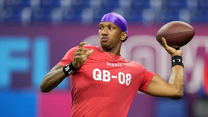 Mar 2, 2024; Indianapolis, IN, USA; Washington quarterback Michael Penix (QB08) during the 2024 NFL Mar 2, 2024; Indianapolis, IN, USA; Washington quarterback Michael Penix (QB08) during the 2024 NFL
