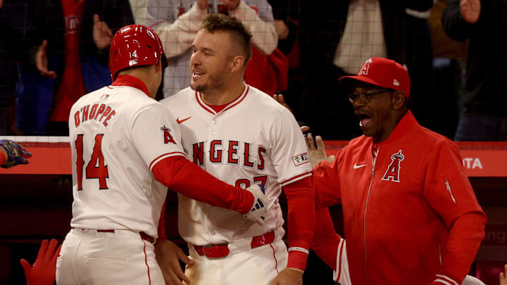 Apr 5, 2024; Anaheim, California, USA; Los Angeles Angels catcher Logan O'Hoppe (14) celebrates with