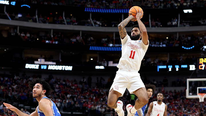 Mar 29, 2024; Dallas, TX, USA; Houston Cougars guard Damian Dunn (11) shoots against Duke Blue