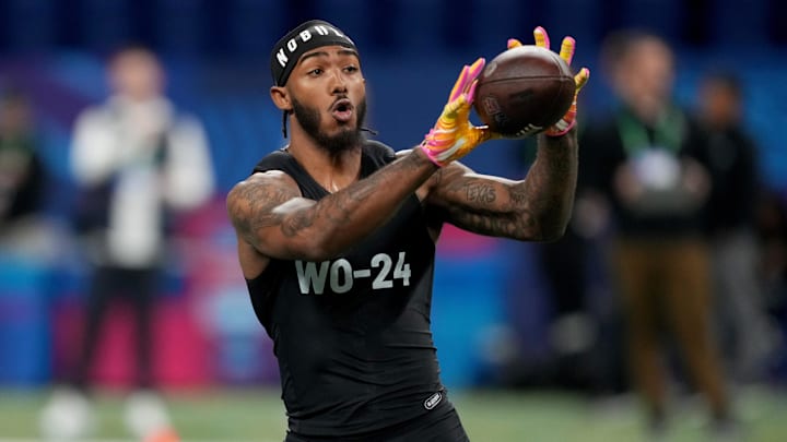 Mar 2, 2024; Indianapolis, IN, USA; Washington wide receiver Ja'Lynn Polk (WO24) during the 2024 NFL Mar 2, 2024; Indianapolis, IN, USA; Washington wide receiver Ja'Lynn Polk (WO24) during the 2024 NFL