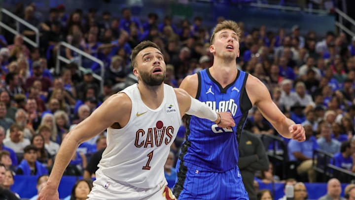 Apr 25, 2024; Orlando, Florida, USA; Cleveland Cavaliers guard Max Strus (1) and Orlando Magic