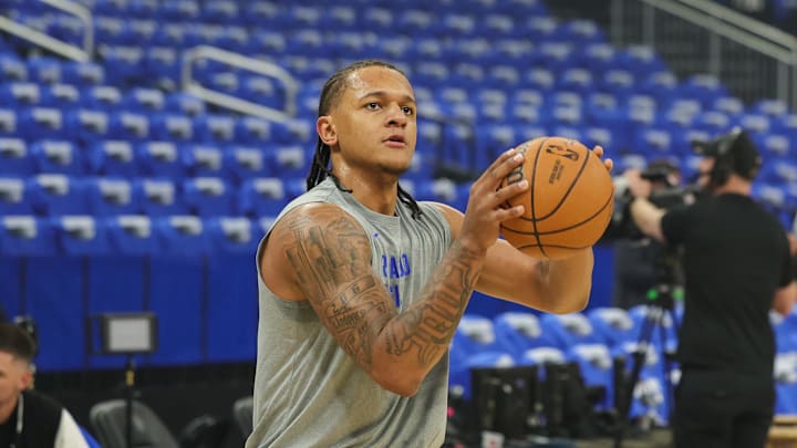 May 3, 2024; Orlando, Florida, USA; Orlando Magic forward Paolo Banchero (5) warms up. May 3, 2024; Orlando, Florida, USA; Orlando Magic forward Paolo Banchero (5) warms up.